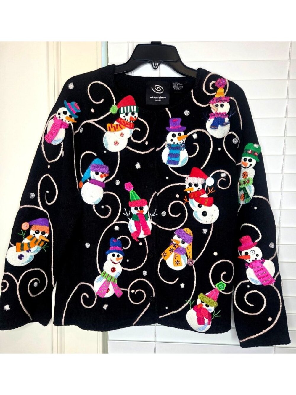 VTG Michael Simon Womens XL Black Embellished Snowman Cardigan Sweater Holiday